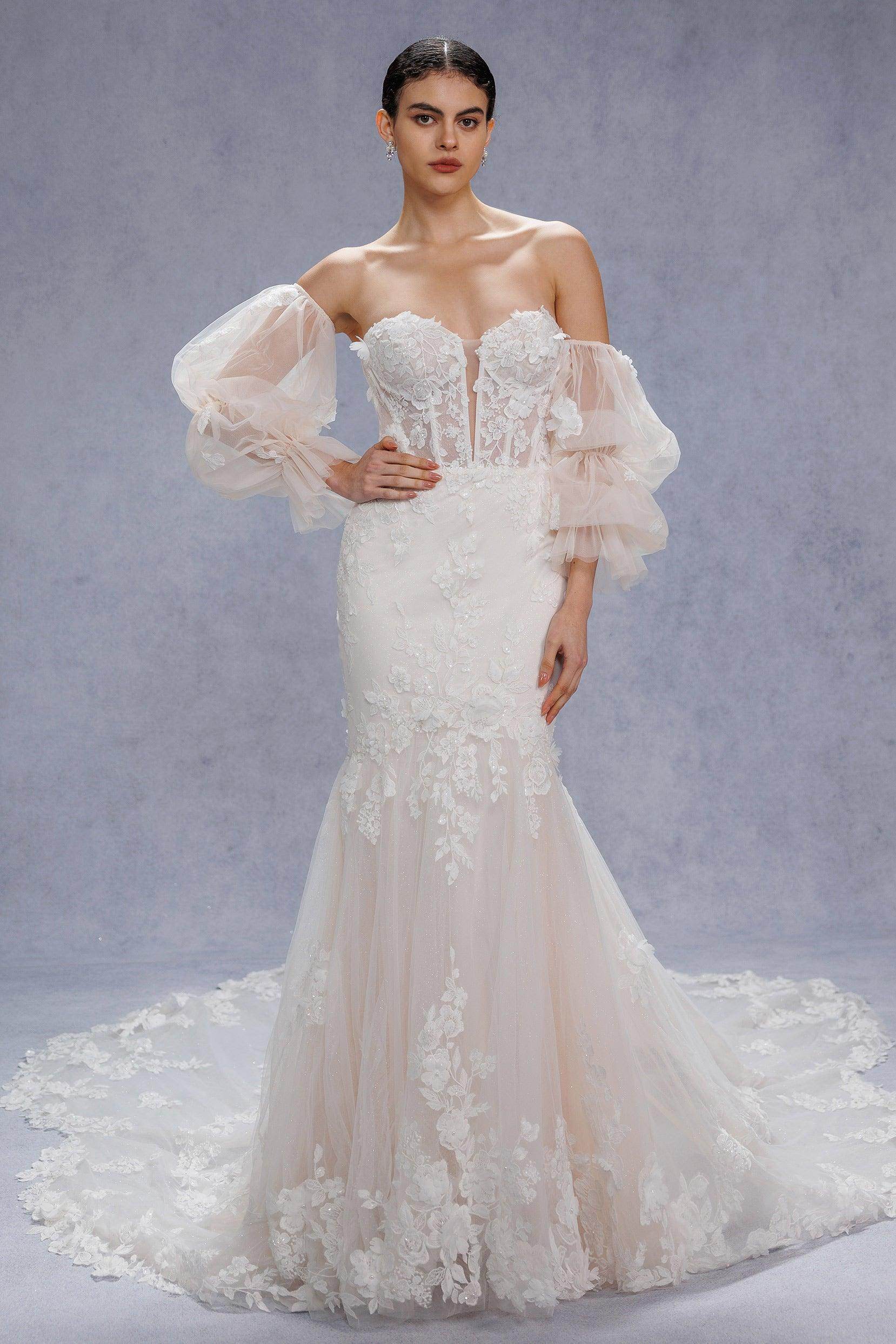 Trumpet-Mermaid Chapel Train Lace Tulle Wedding Dress CW3541 - COCOMELODY